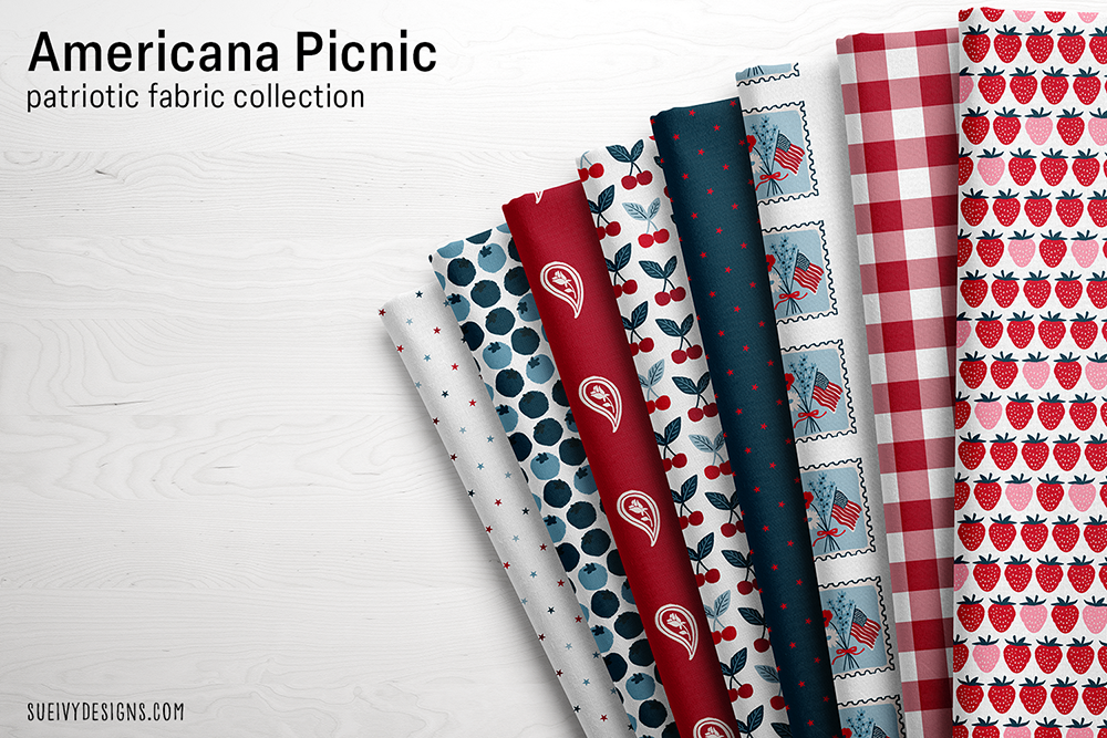 Americana Picnic fabric collection sampler by Sue Ivy Designs featuring fruit prints, patriotic stamps, paisley, gingham, and stars in red, white, and blue