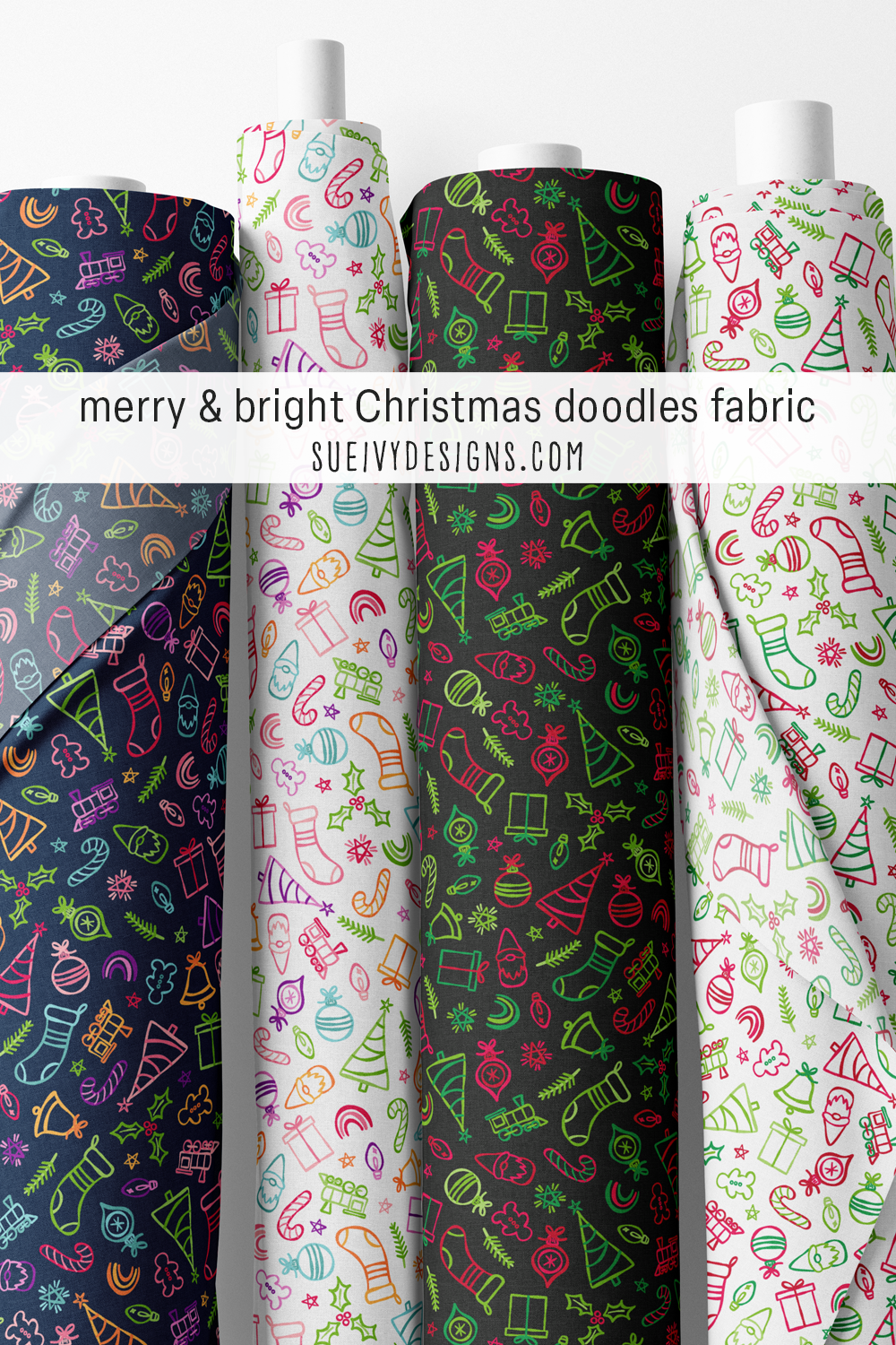 Cute Christmas doodles in all four colorways — rainbow and red and green on light and dark grounds, for a scrappy quilt.