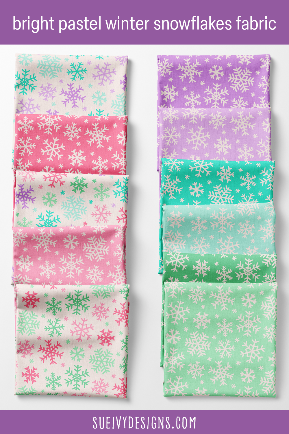 The full chunky snowflake roster — 11 colorways from multicolor-on-cream to cream flakes on eight candy grounds, for winter sewing.