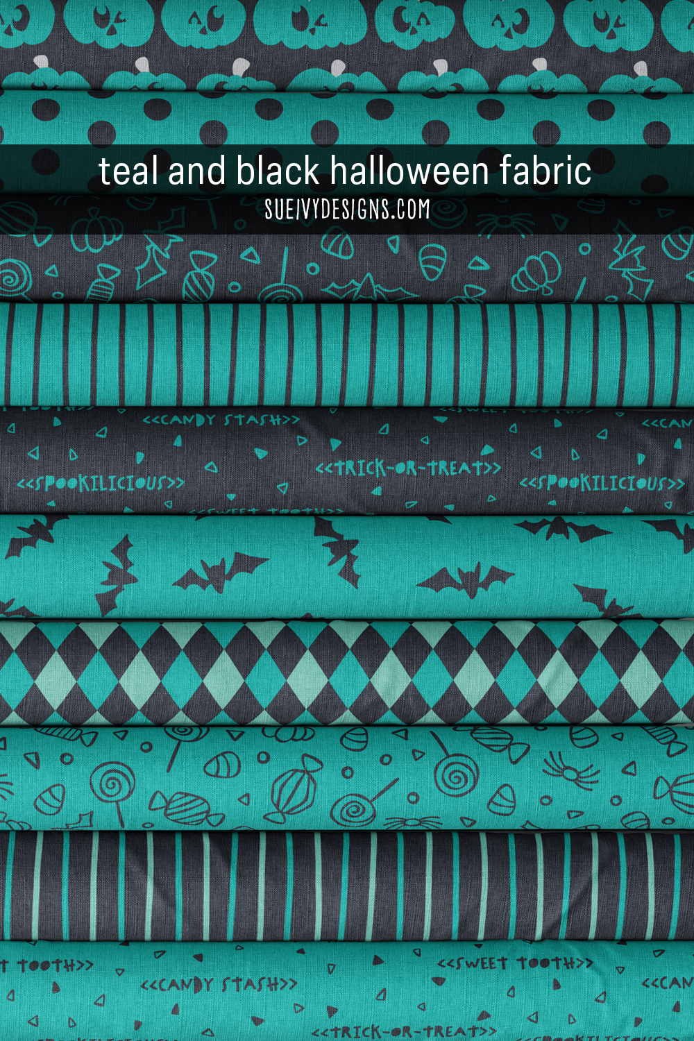 Teal-and-black Spookilicious Halloween fabric — the whole collection in one monochromatic colorway, from grinning pumpkins and candy doodles to a 'sweet tooth' text print. A fun all-one-colorway to sew a not-so-spooky Halloween.