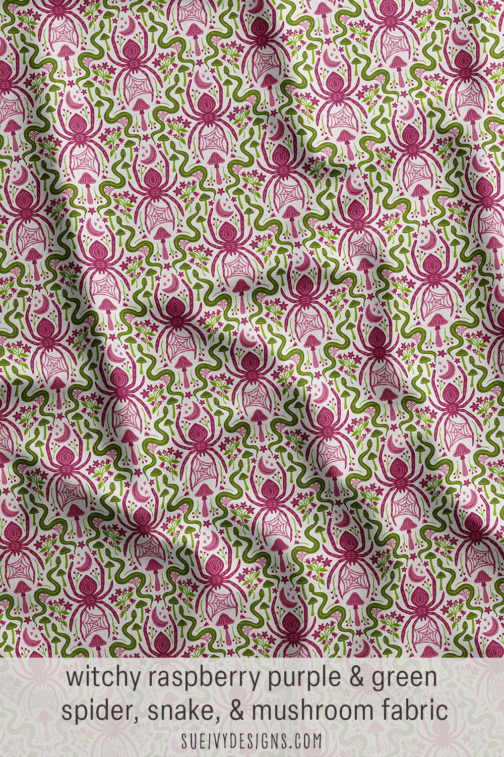 Multicolor colorway of the spider, snake and mushroom damask — raspberry purple and green on light gray quilting fabric.