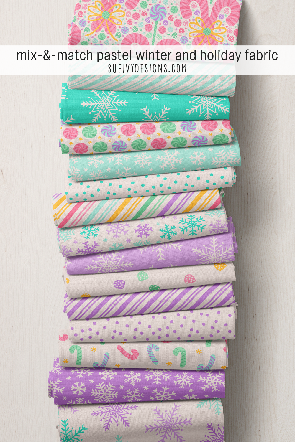 Pastel winter and holiday fabric with candy canes, stripes, and snowflakes, easing the holiday colors into soft winter