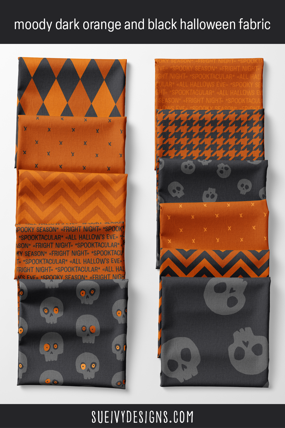 Moody dark orange and black harlequin, chevron, houndstooth, and 'fright night' text print from the Spooktacular Halloween collection — a rustier, more haunted spin on classic black-and-orange.