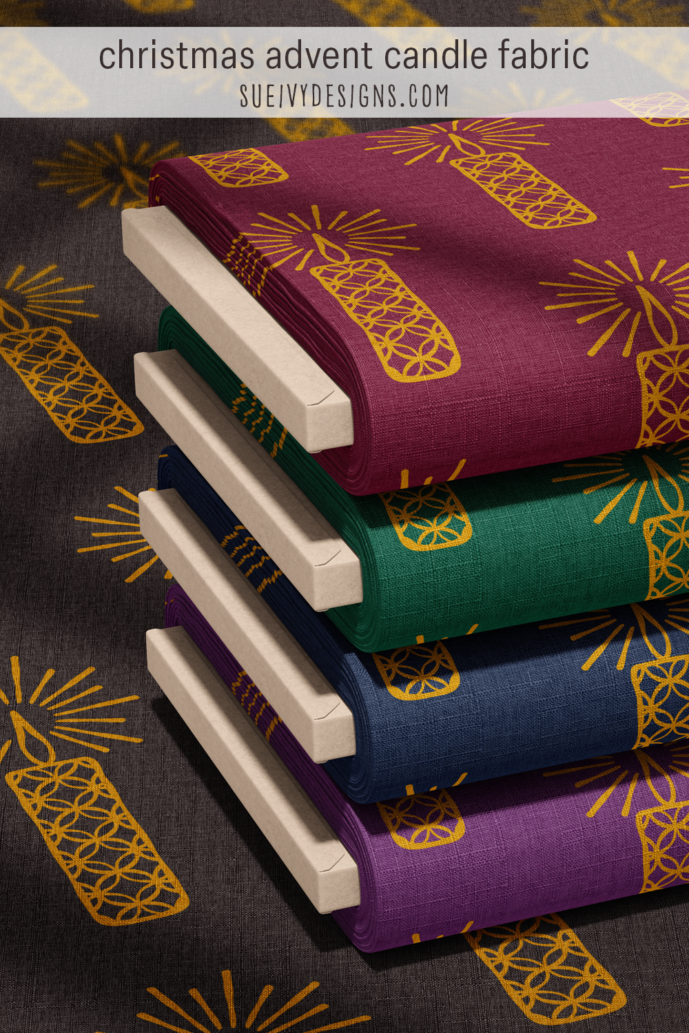 Gold pillar candles on all five dark grounds — wine, forest green, navy, purple, and warm black — for an advent table setting.
