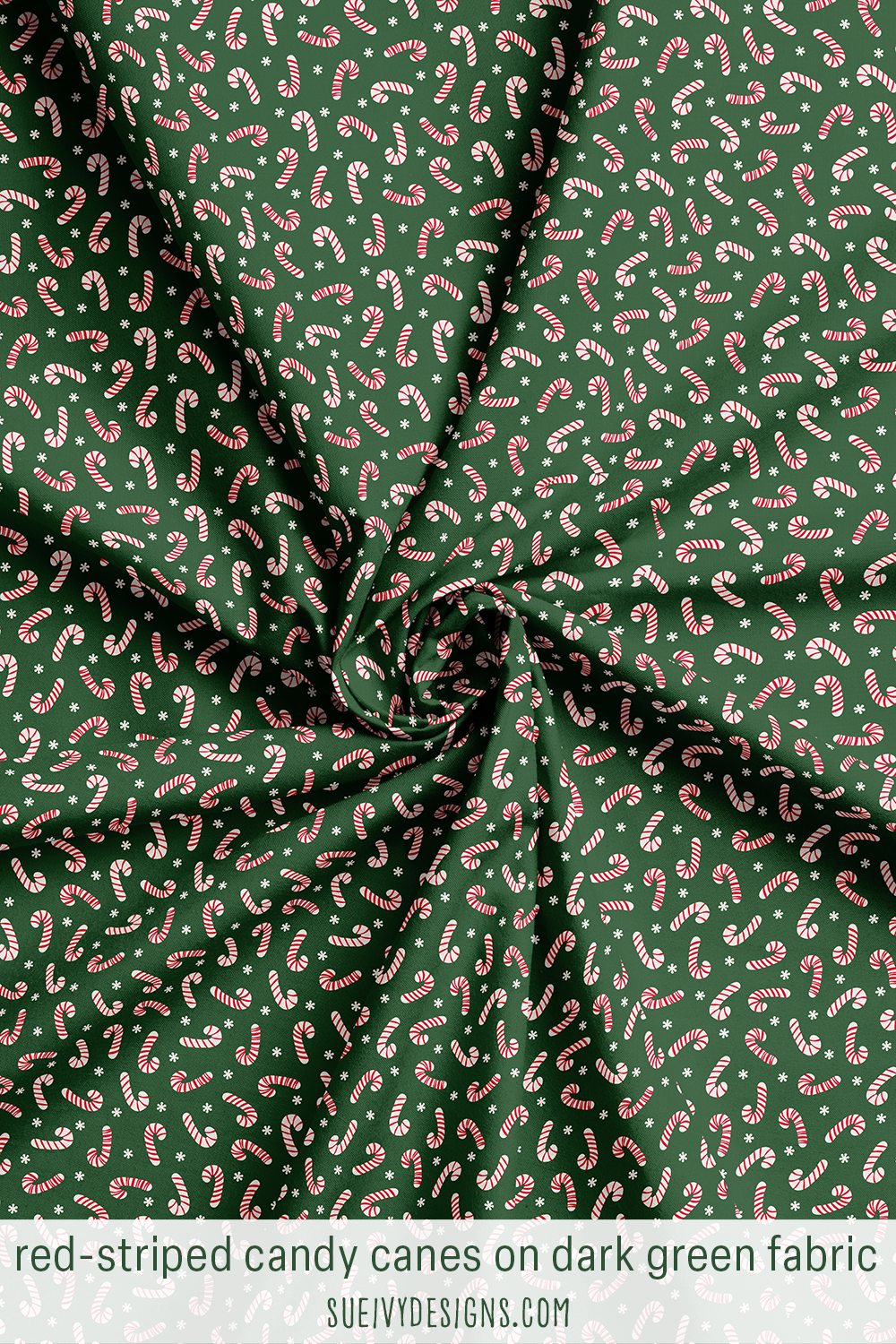Red and cream candy canes and snowflakes on dark green for Christmas sewing projects.