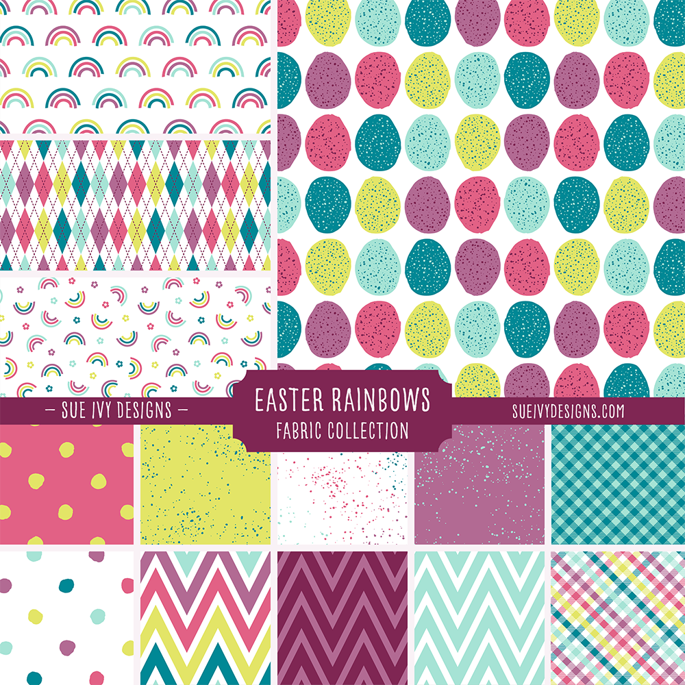 Easter Rainbows fabric collection sampler by Sue Ivy Designs featuring Easter egg, rainbow, argyle, chevron, gingham, and dot patterns in bright spring colors