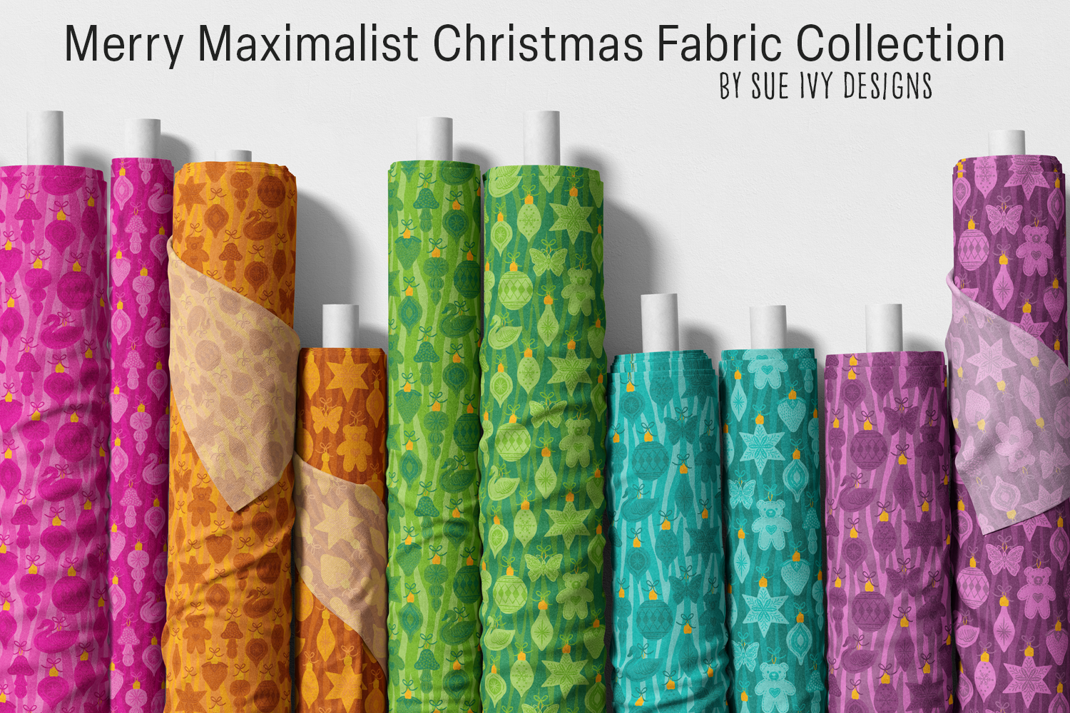 Merry Maximalist Christmas fabric collection by Sue Ivy Designs — strawberry, swan, teddy bear ornaments, and more on tiger stripes.