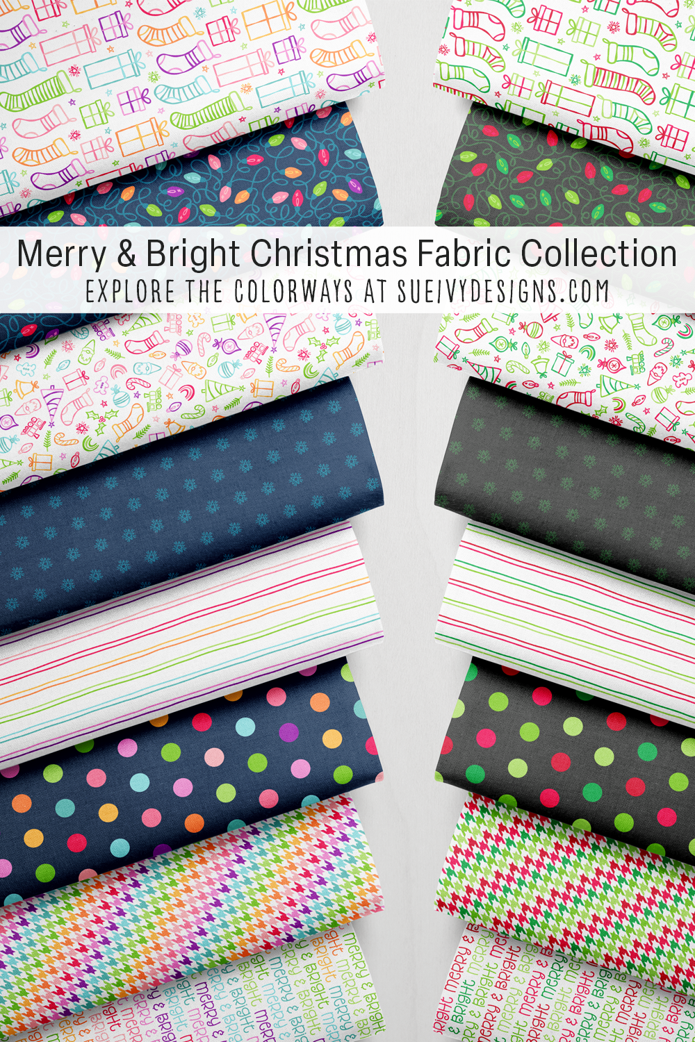 The Merry & Bright colorway system — rainbow over white and navy, red and green over white and black, for festive quilting.
