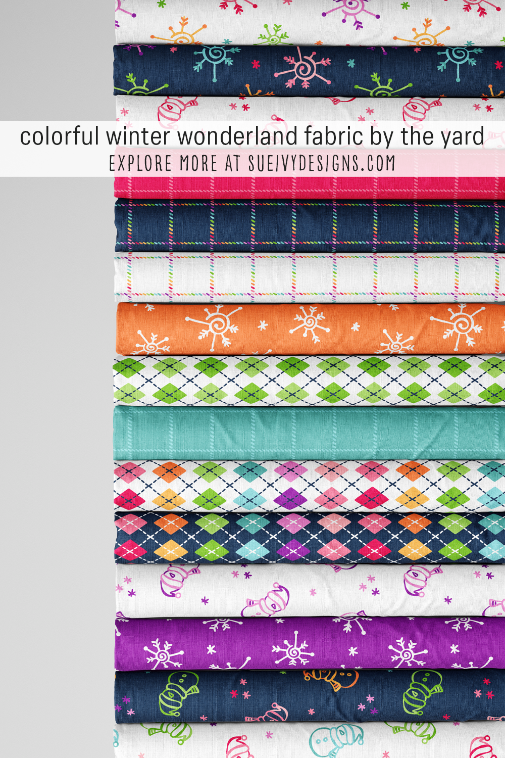 Fifteen Winter Wonderland prints stacked in a rainbow column, pink to purple, with rainbow multicolors on white and navy grounds — a hand-drawn colorful collection.