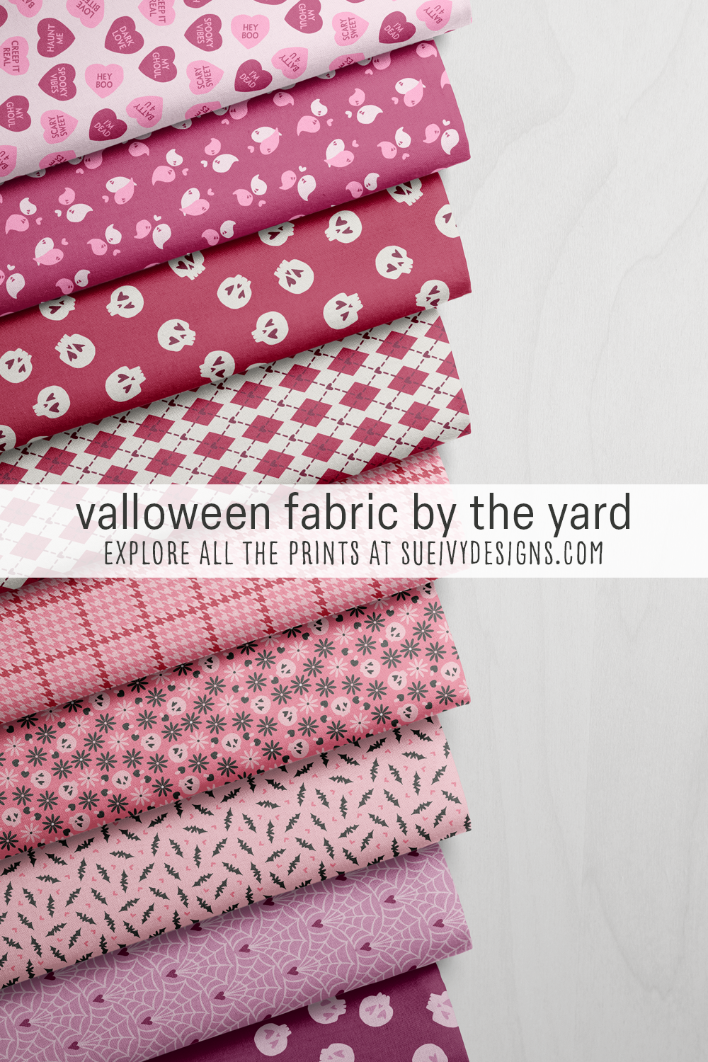 All eight Valloween prints fanned across a mix of colorways, bubblegum pink to purple, for a Valentine's-meets-Halloween quilt