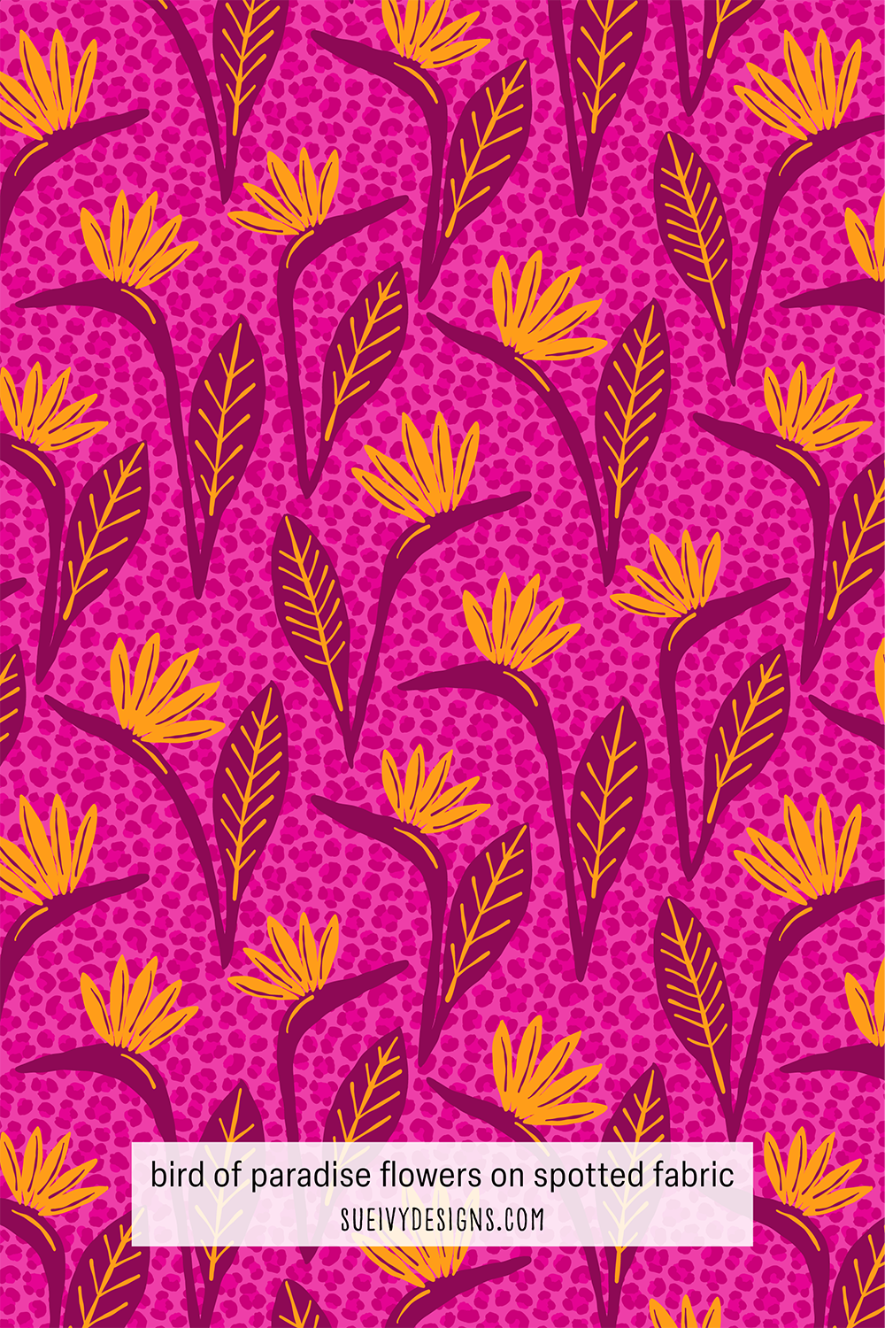 Stylistic bird of paradise floral fabric in yellow and magenta with magenta leopard spots by Sue Ivy Designs, perfect for quilting and home décor
