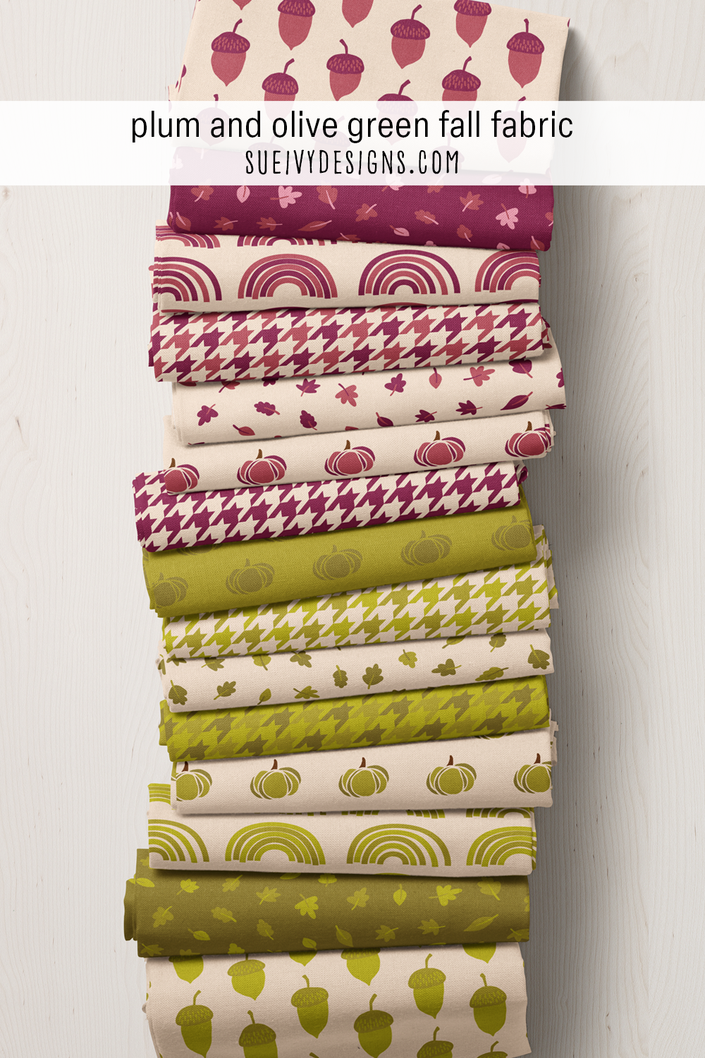 The plum and olive green colorways shown across every print, fifteen fat quarters deep — for mixing a moody fall palette.