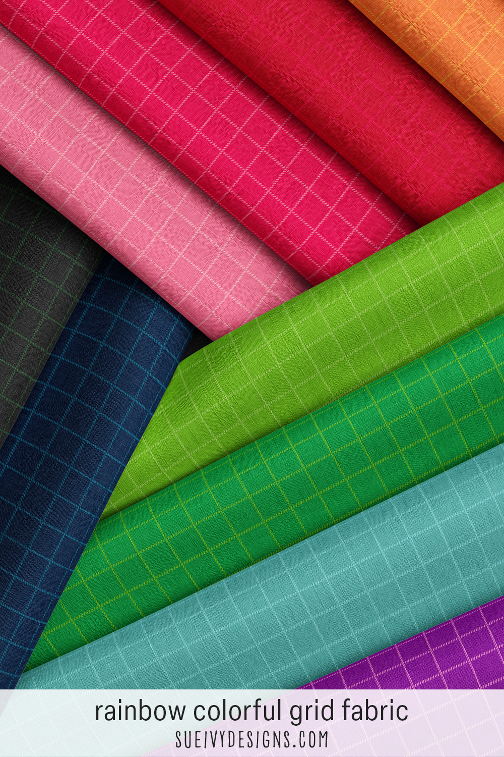 Tattersall grid fabric in ten tonal colorways — a stitch-marked line a shade lighter over each color, pink through purple plus black and navy neutrals, for blending.