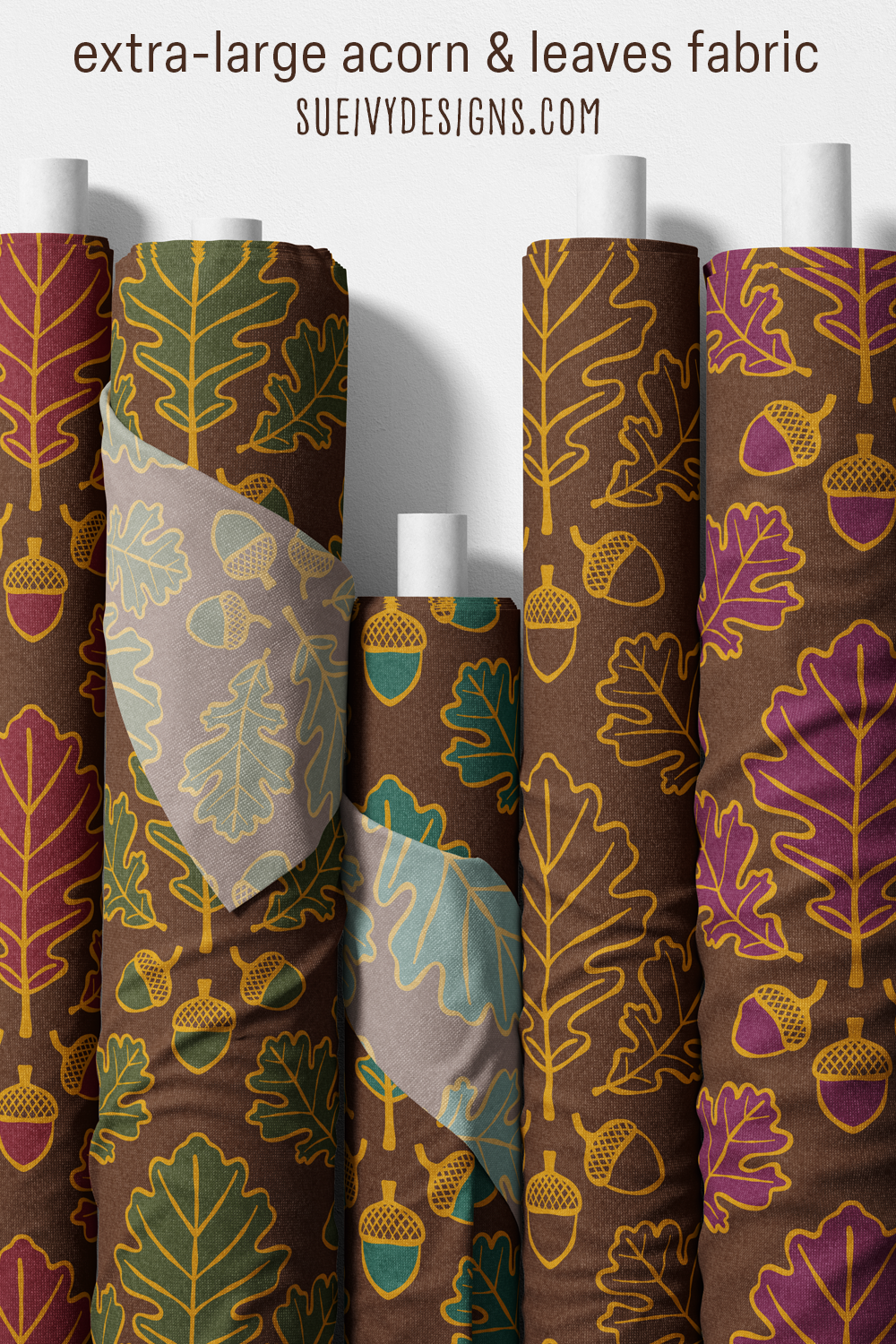 Extra-large acorn & oak leaf damask fabric from the Gilded Autumn fall fabric collection by Sue Ivy Designs.
