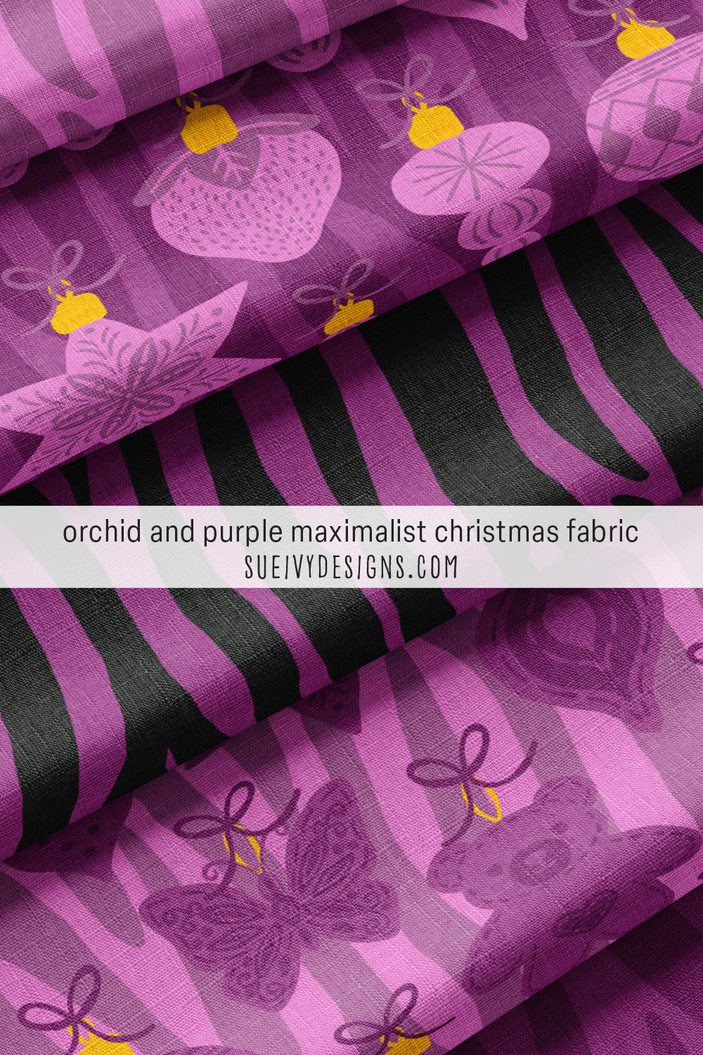 Orchid and purple Merry Maximalist Christmas quilting fabric — five coordinating ornament and tiger stripe prints.