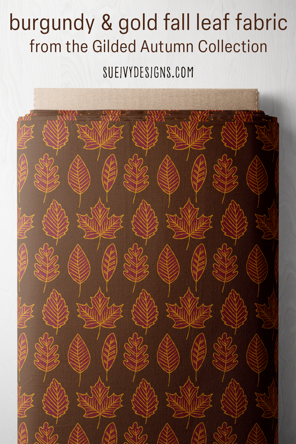 Hand-drawn leaves fabric in burgundy from the Gilded Autumn fall fabric collection by Sue Ivy Designs.