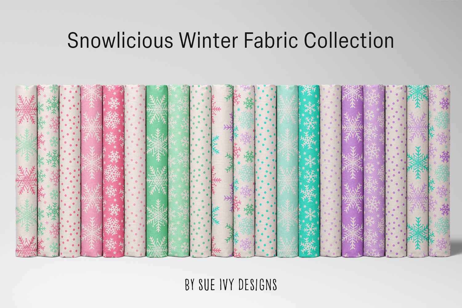 Hand-drawn winter snowflakes and tossed polka dots in candy pastels on cream — the Snowlicious collection, for mixing a whole winter quilt.