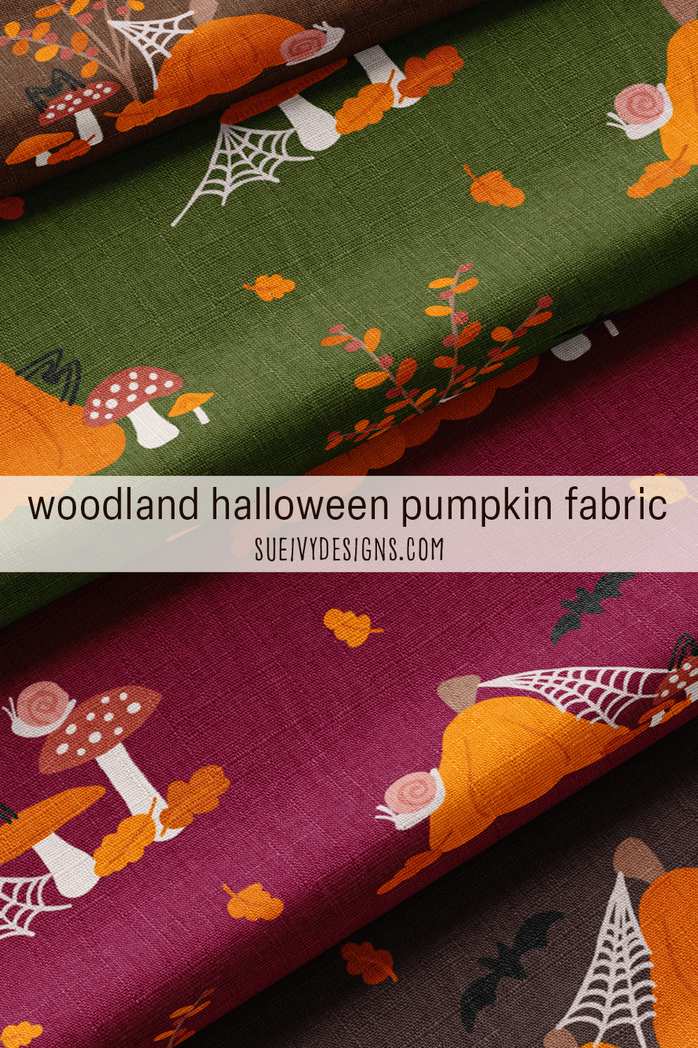 Four stacked fabrics, zoomed in, showing woodland Halloween scenes with pumpkins, mushrooms, snails, webs, spiders, and bats.