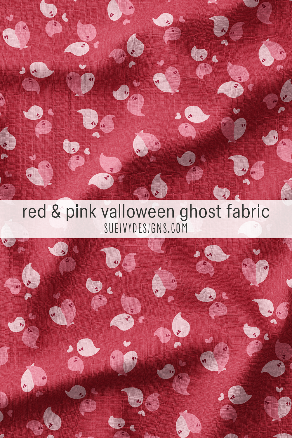 Light pink and pink ghosts in heart-eyed pairs with floating hearts on ruby red — Valentine's apparel fabric