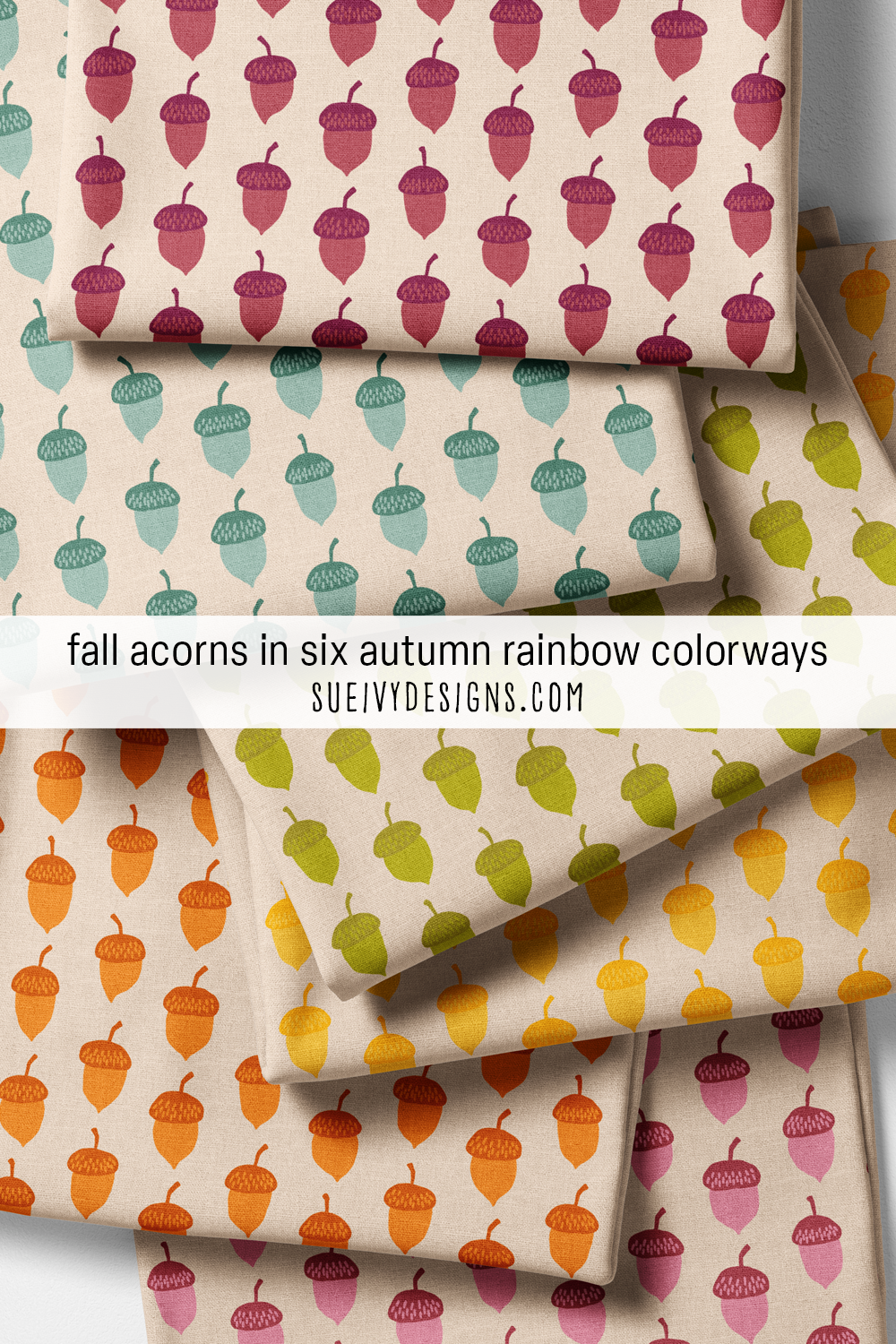 Hand-drawn acorns on warm cream across six colorways, every rainbow shade — for a coordinating fat-quarter bundle.