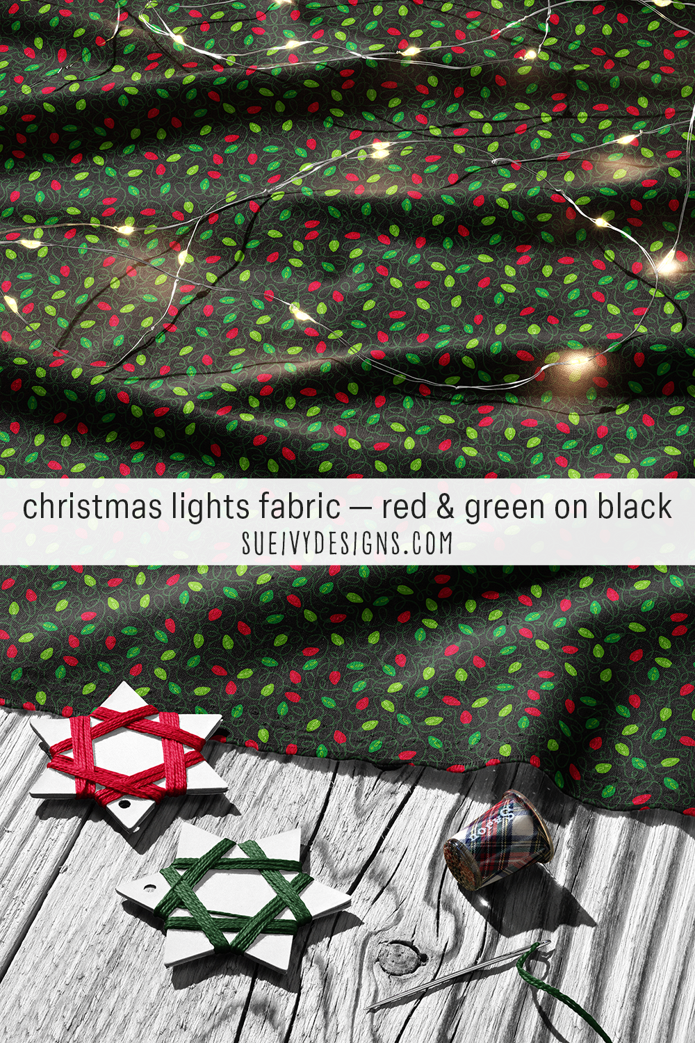 Red and green string lights on black, styled under real glowing fairy lights that echo the twinkle-light print.