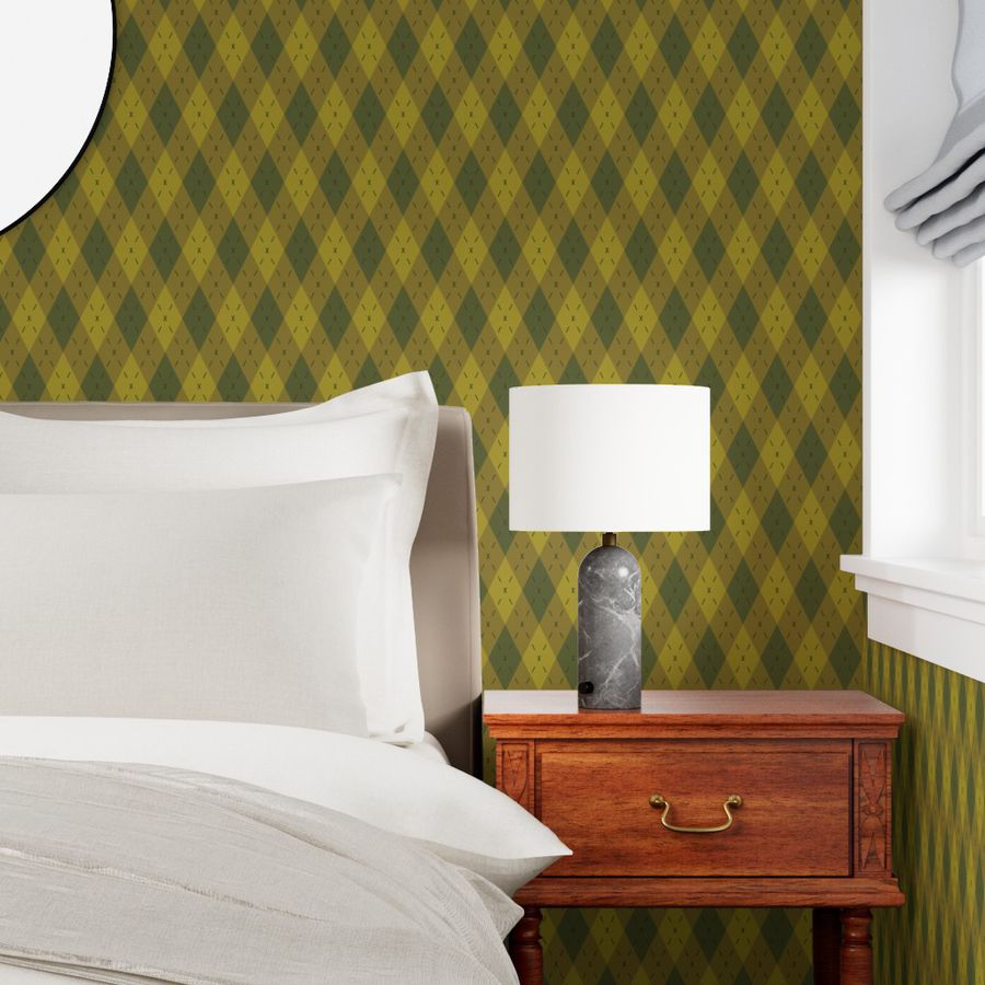 Argyle wallpaper in olive and moss, oversized tonal-green diamonds — a modern heritage geometric for walls.