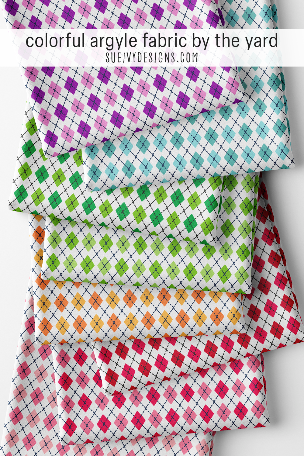 Argyle fabric in eight rainbow colorways — two-tone diamonds with dashed lines on a white ground, including pink, red, gold, green, blue, and purple.