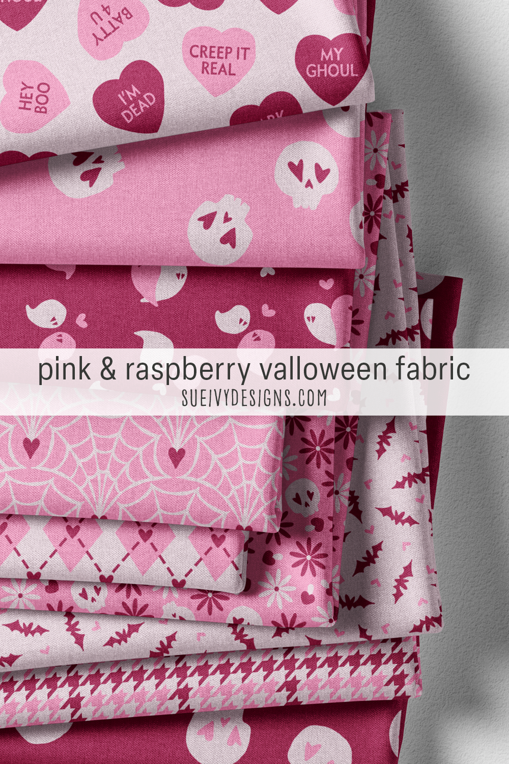 Bubblegum pink & raspberry purple stack, conversation hearts on top and skulls at the bottom, for Valentine's pajama pants