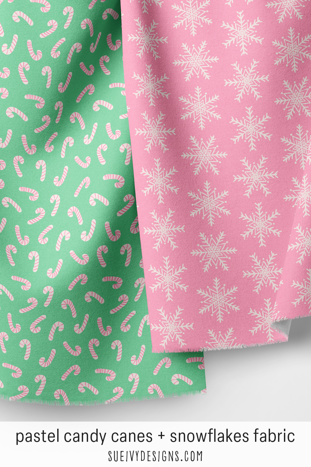 Pink-and-cream candy canes on mint fabric paired with cream airy snowflakes on a pink ground