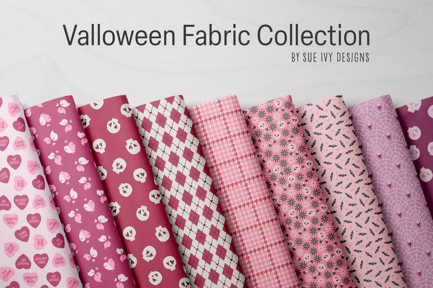 Conversation hearts, ghosts, heart-eyed skulls, bats, spiderwebs, and plaids side by side: the Valloween collection for spooky-cute sewing