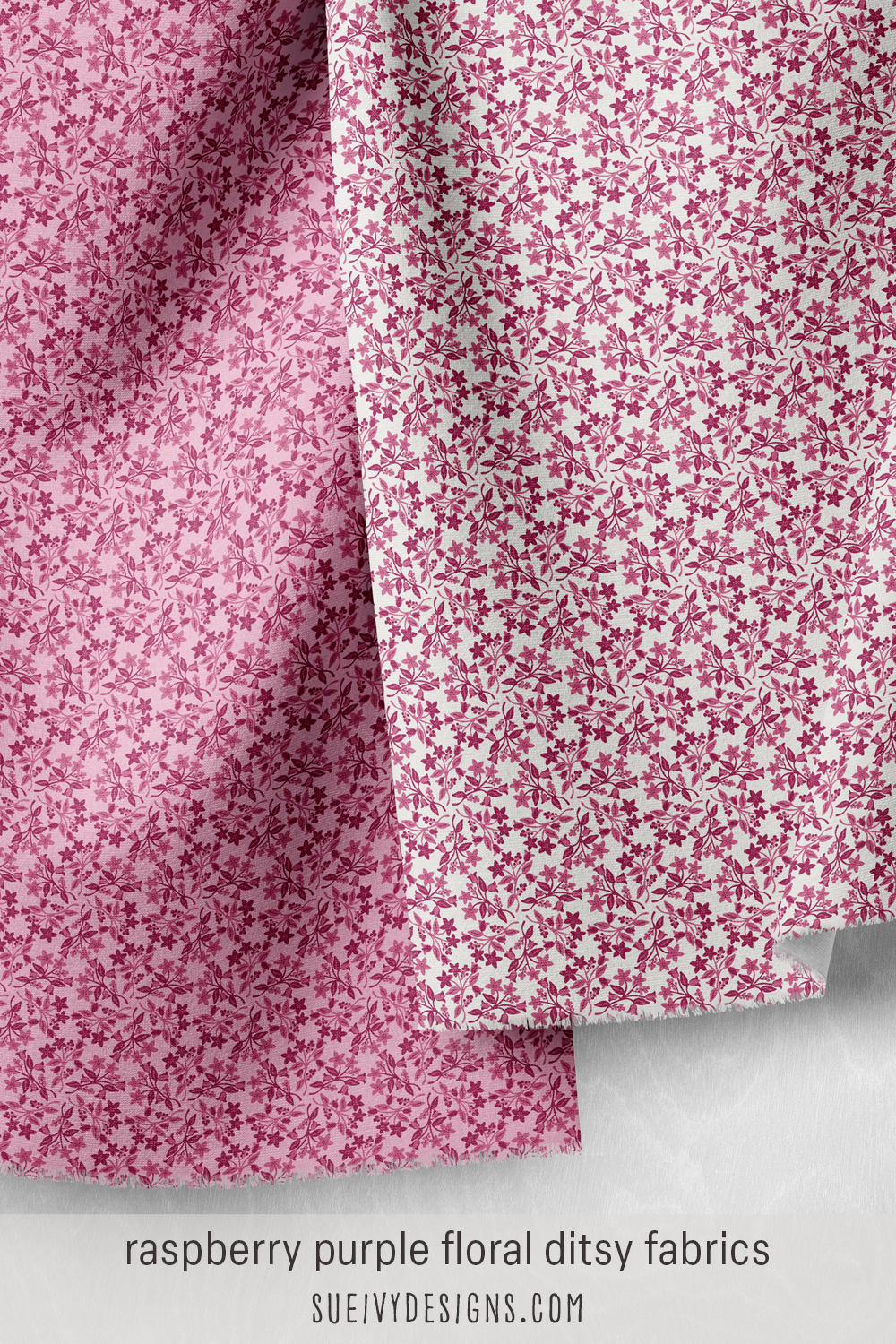 Two purple colorways of the ditsy floral, on pale raspberry purple and on light gray quilting fabric.