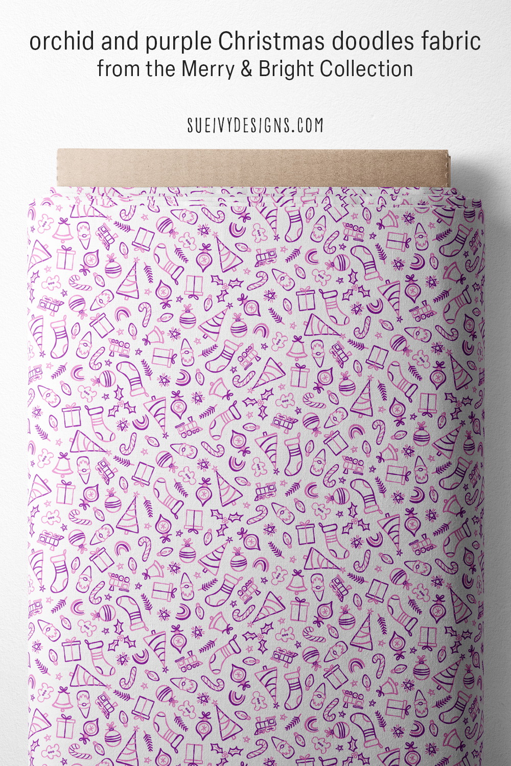 Orchid and purple doodled Christmas motifs on white, one bolt. Holiday quilting fabric.