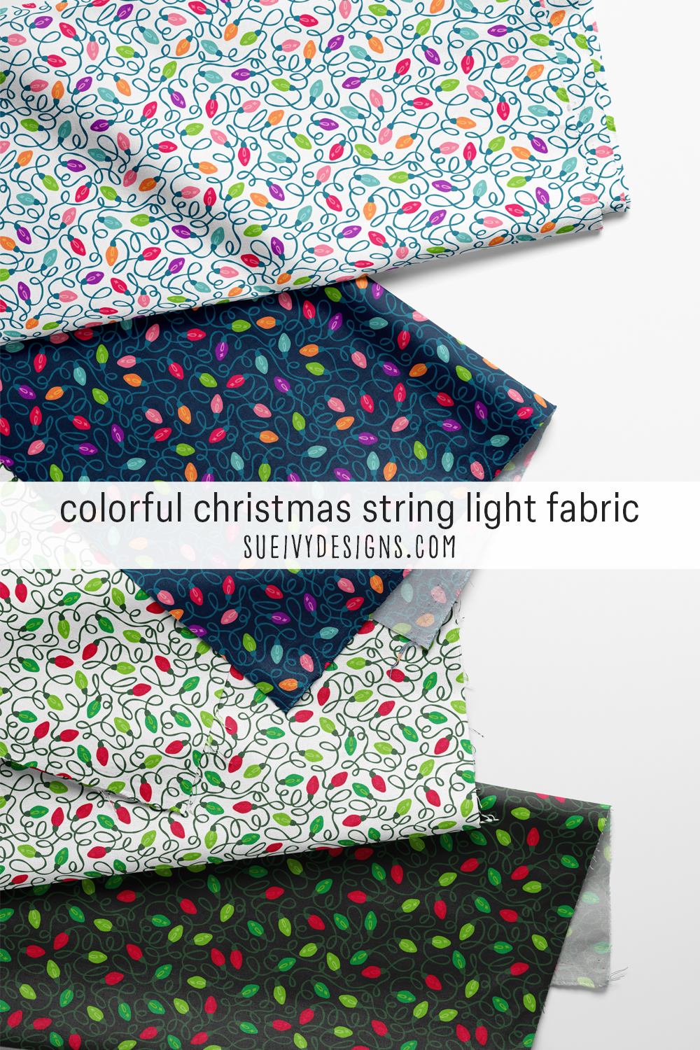 All four string-light colorways in a stack — rainbow and red and green on light and dark grounds, for reusable holiday gift bags.