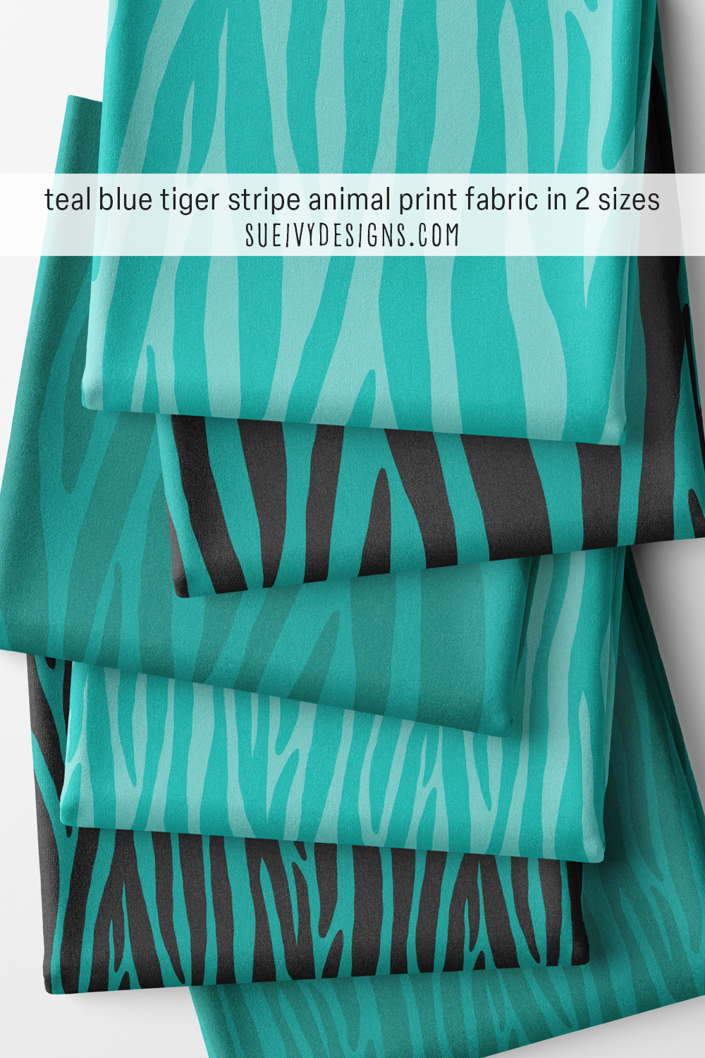 Teal blue tiger stripe animal print in three color variations and two scales — costume and quilting fabric.