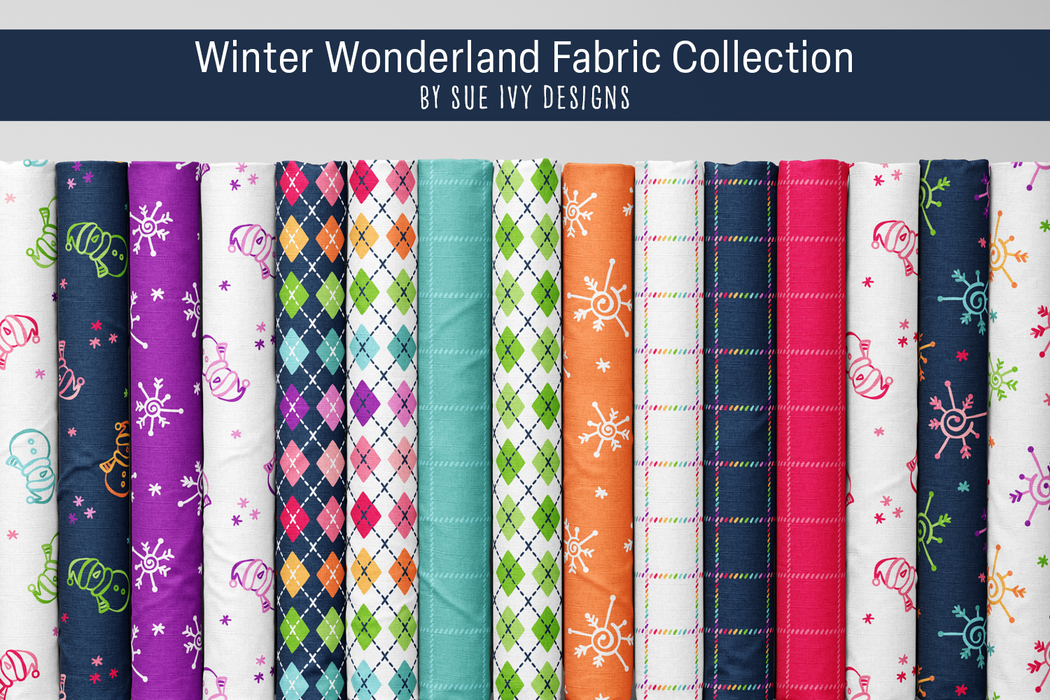 Winter Wonderland rainbow fabric collection by Sue Ivy Designs — snowmen, whimsical snowflakes, argyle, and a tattersall grid blender.