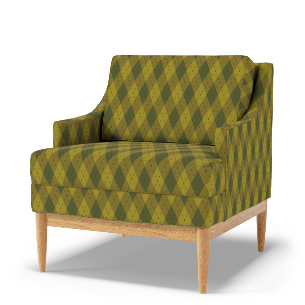 Upholstered chair in olive and moss argyle, with fine dashes — heritage geometric home decor.