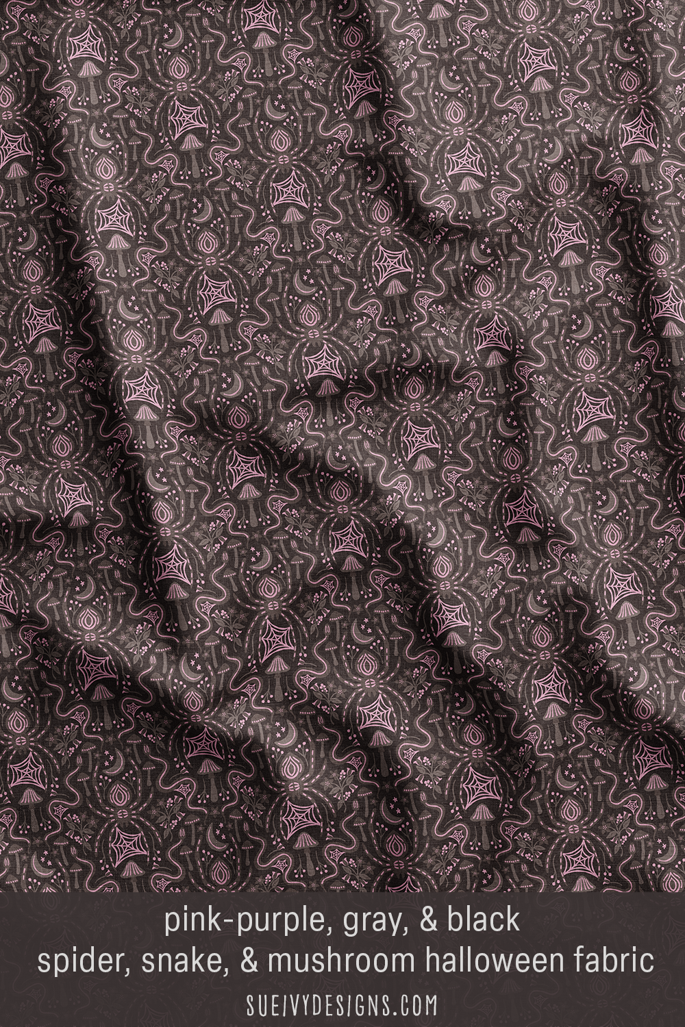 Warm gray spiders, snakes and mushrooms with pale raspberry purple pops — damask quilting fabric.
