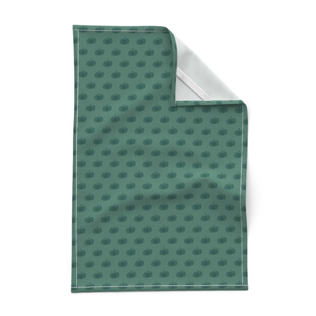 Teal block-print pumpkins tea towel from the Autumn Rainbows collection by Sue Ivy Designs — tonal teal pumpkins, on Spoonflower home decor.
