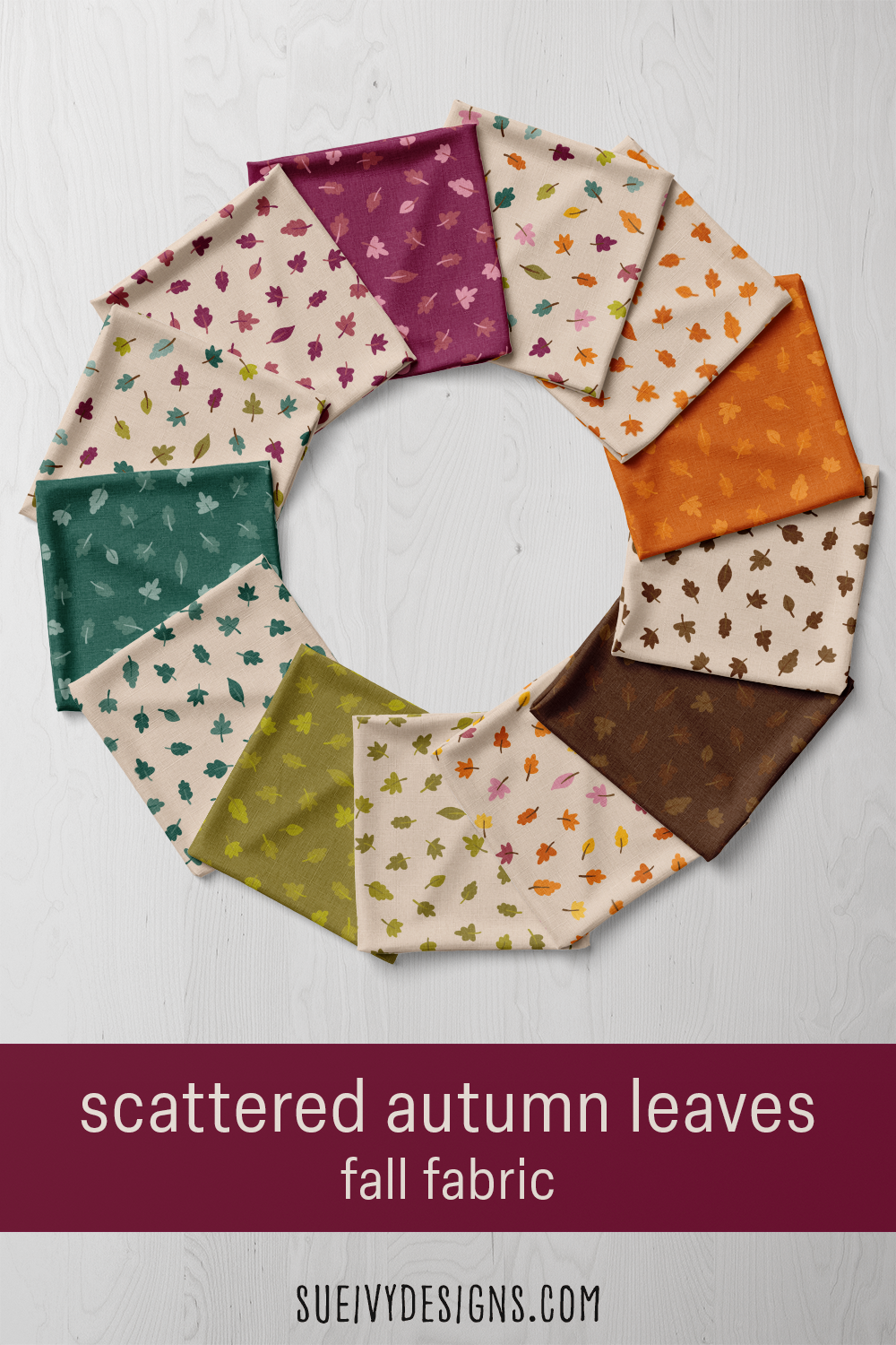 Scattered autumn leaves fabric from the Autumn Rainbows collection by Sue Ivy Designs, shown across its full range of rainbow and tonal colorways.