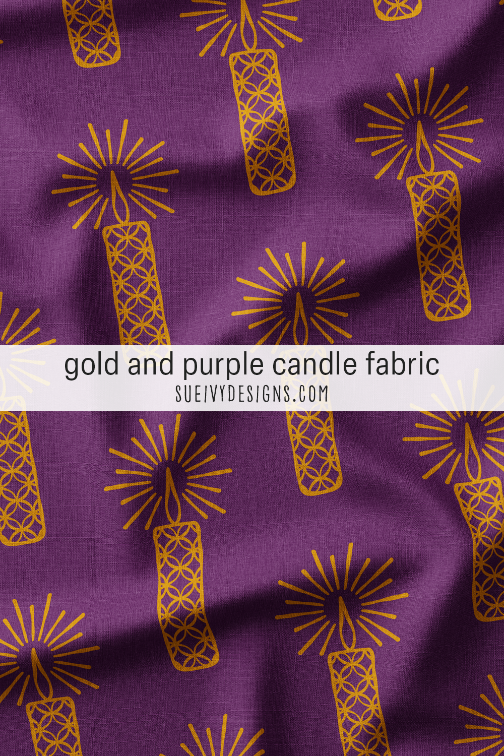 Amethyst-purple candle fabric, gold pillar candles glowing with light rays — for candlelit advent decor.