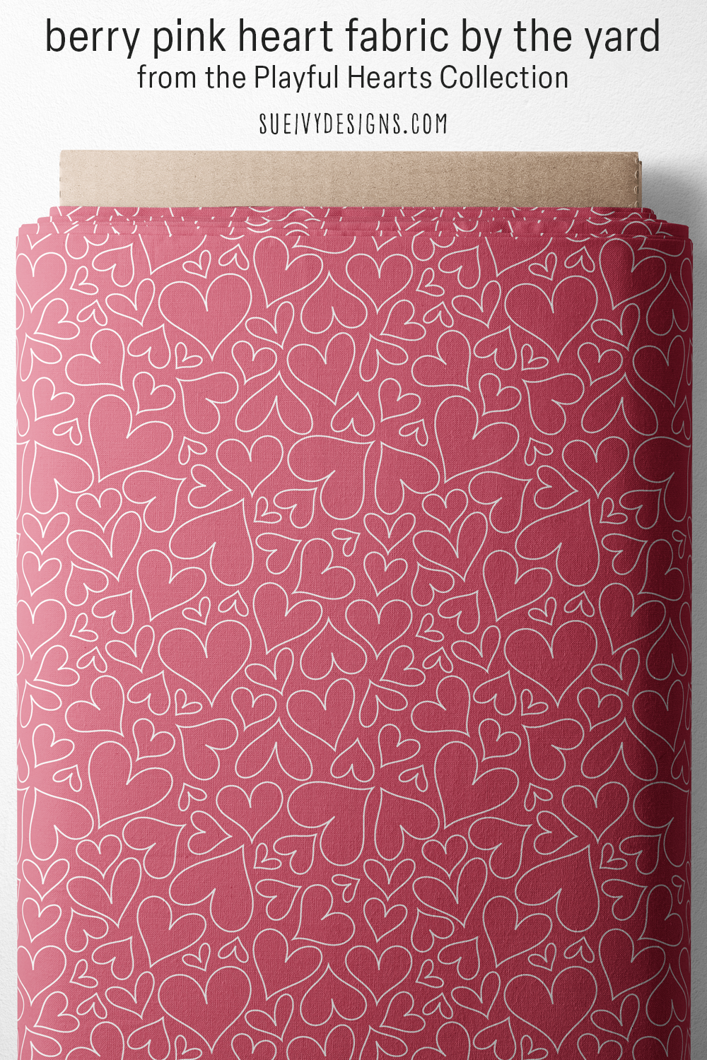 White heart outlines on berry pink, a single bolt, for sweet Valentine fabric makes.