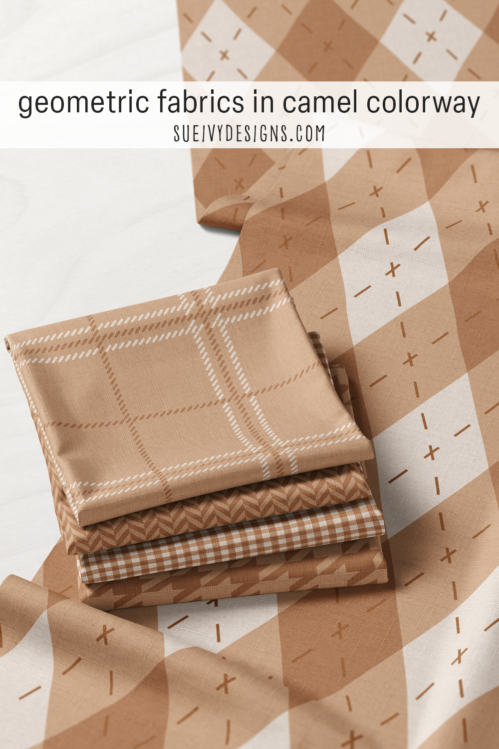 Camel colorway geometrics stacked on argyle — plaid, herringbone, gingham, and houndstooth fat quarters.