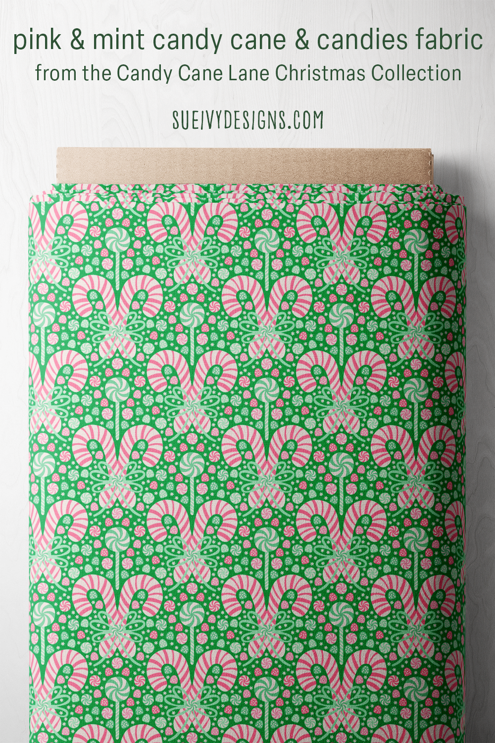 Candy cane and candies damask in pink and mint on bright green — Christmas quilting fabric.