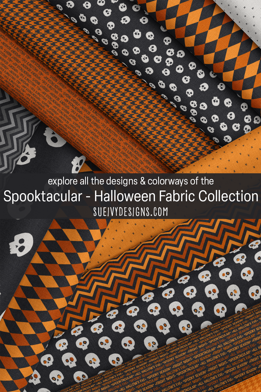 Spooktacular black and orange Halloween fabric collection of skull and geometric prints for spooky season quilting