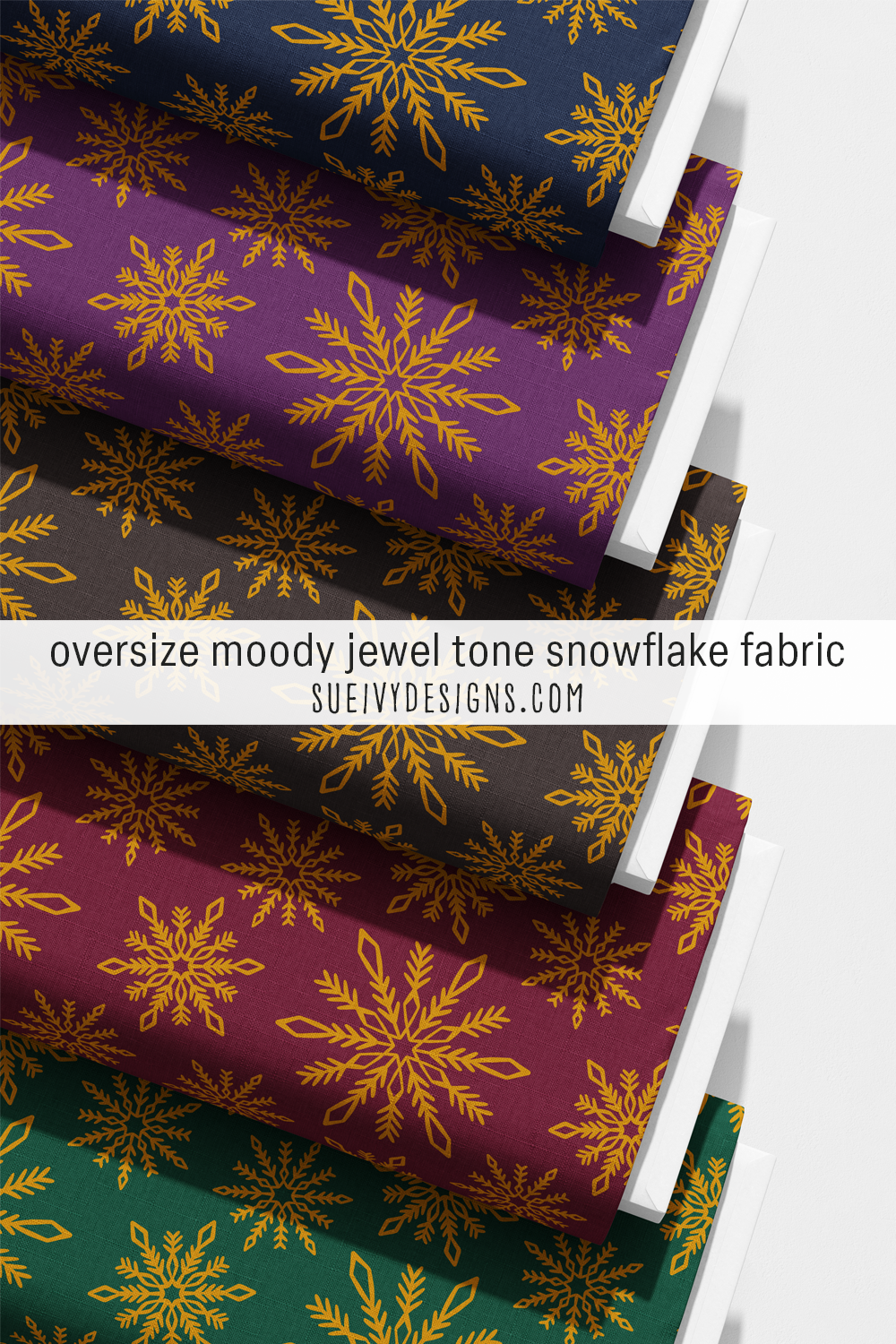 Oversize gold snowflakes, extra-large scale, in all five colorways — for holiday sewing.