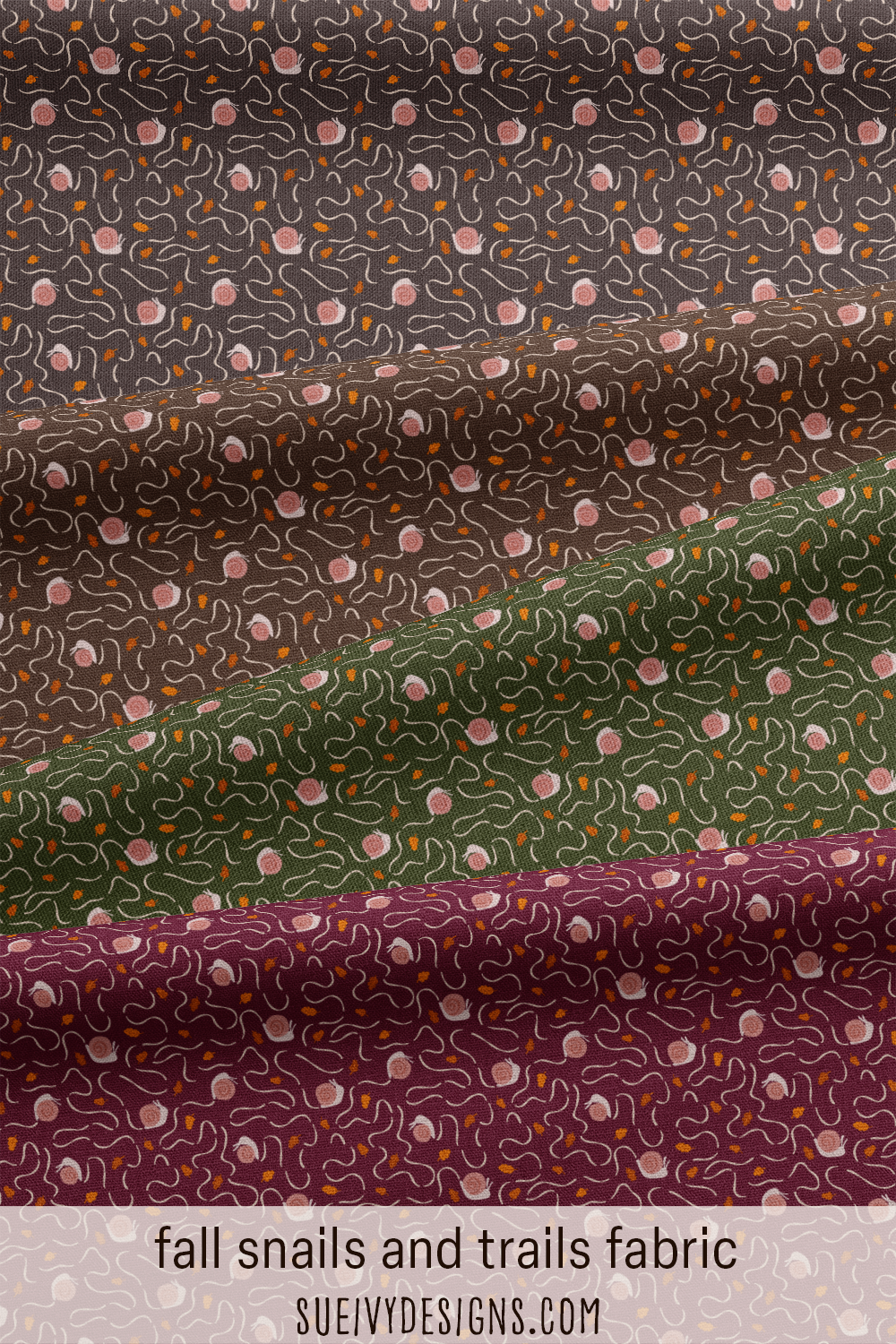 Fall snails and trails quilting fabric from the Snails & Mushrooms autumn collection by Sue Ivy Designs, snails and curling trails shown across several autumn colorways.