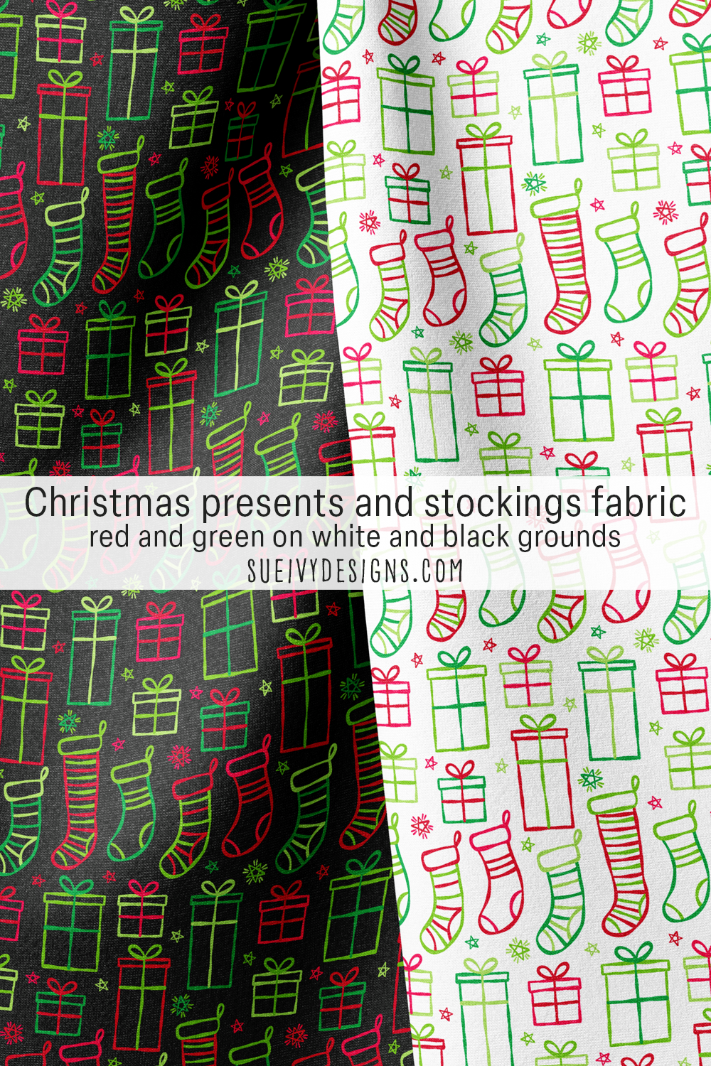 The red and green stockings and presents on white and black, a row of stockings and a pile of gifts, for Christmas sewing.