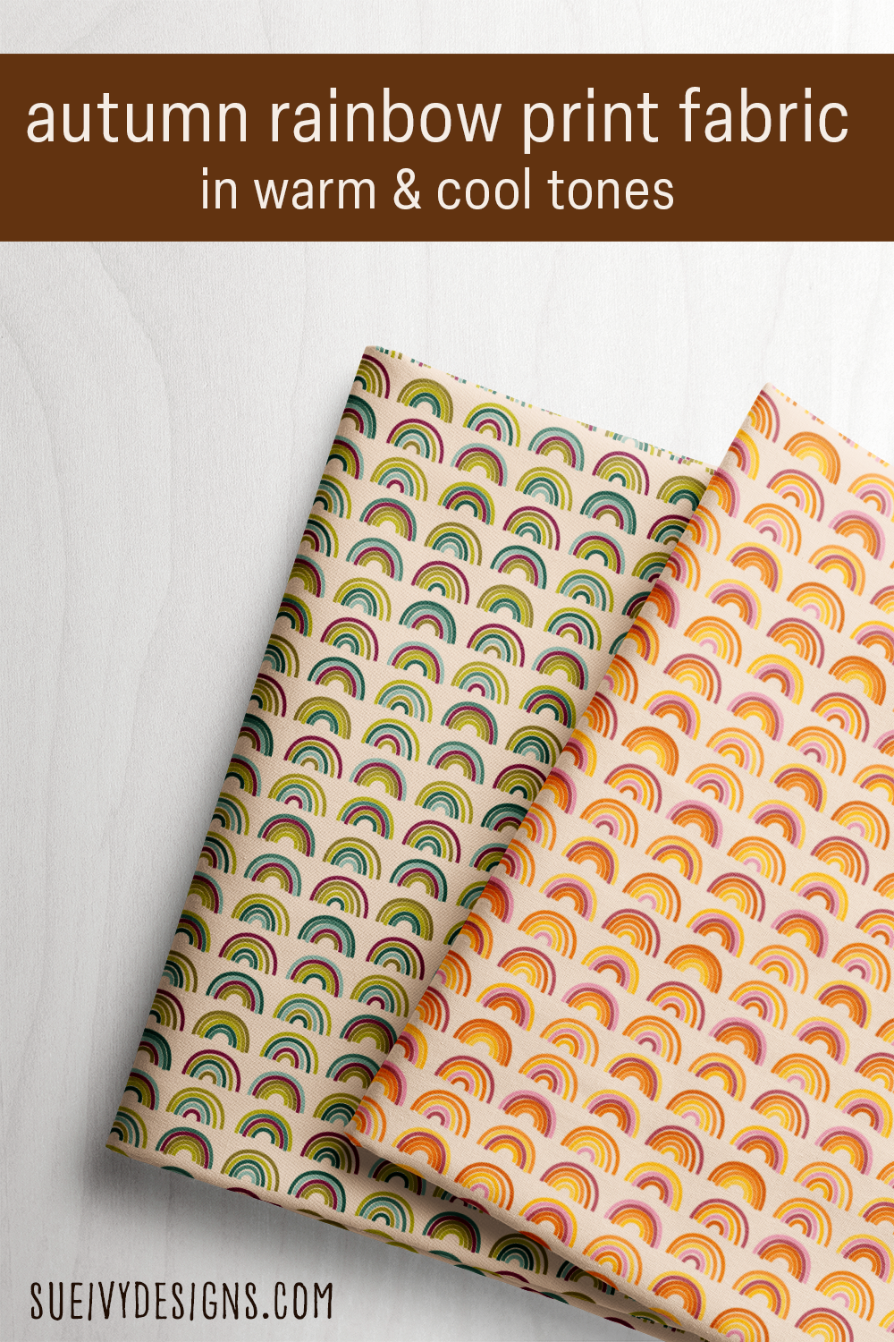 Autumn rainbow print fabric in warm and cool colorways from the Autumn Rainbows collection — a cheerful fall print for throw pillows.