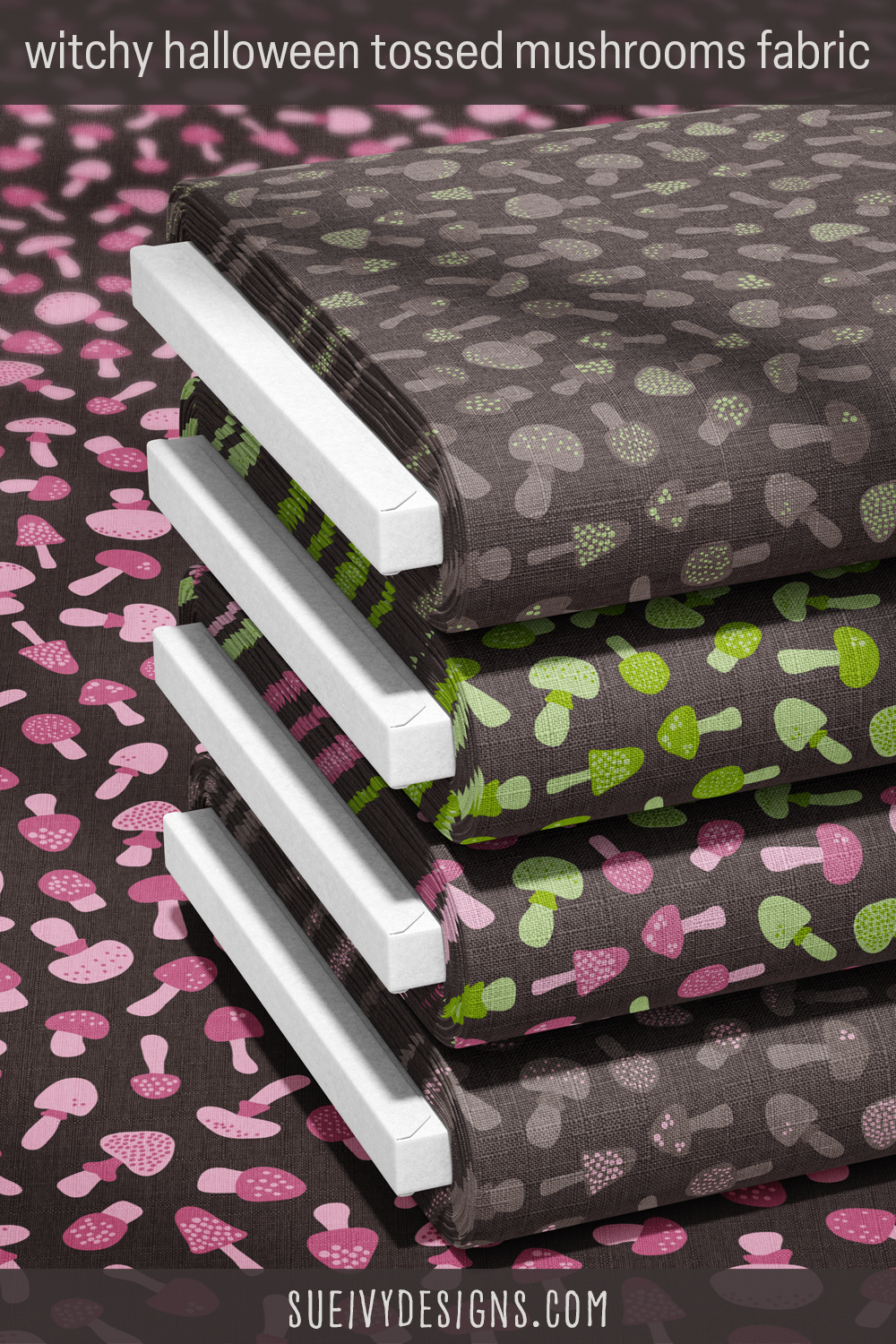 Small tossed toadstools in five colorways, greens and raspberry purples through warm gray — quilting fabric.