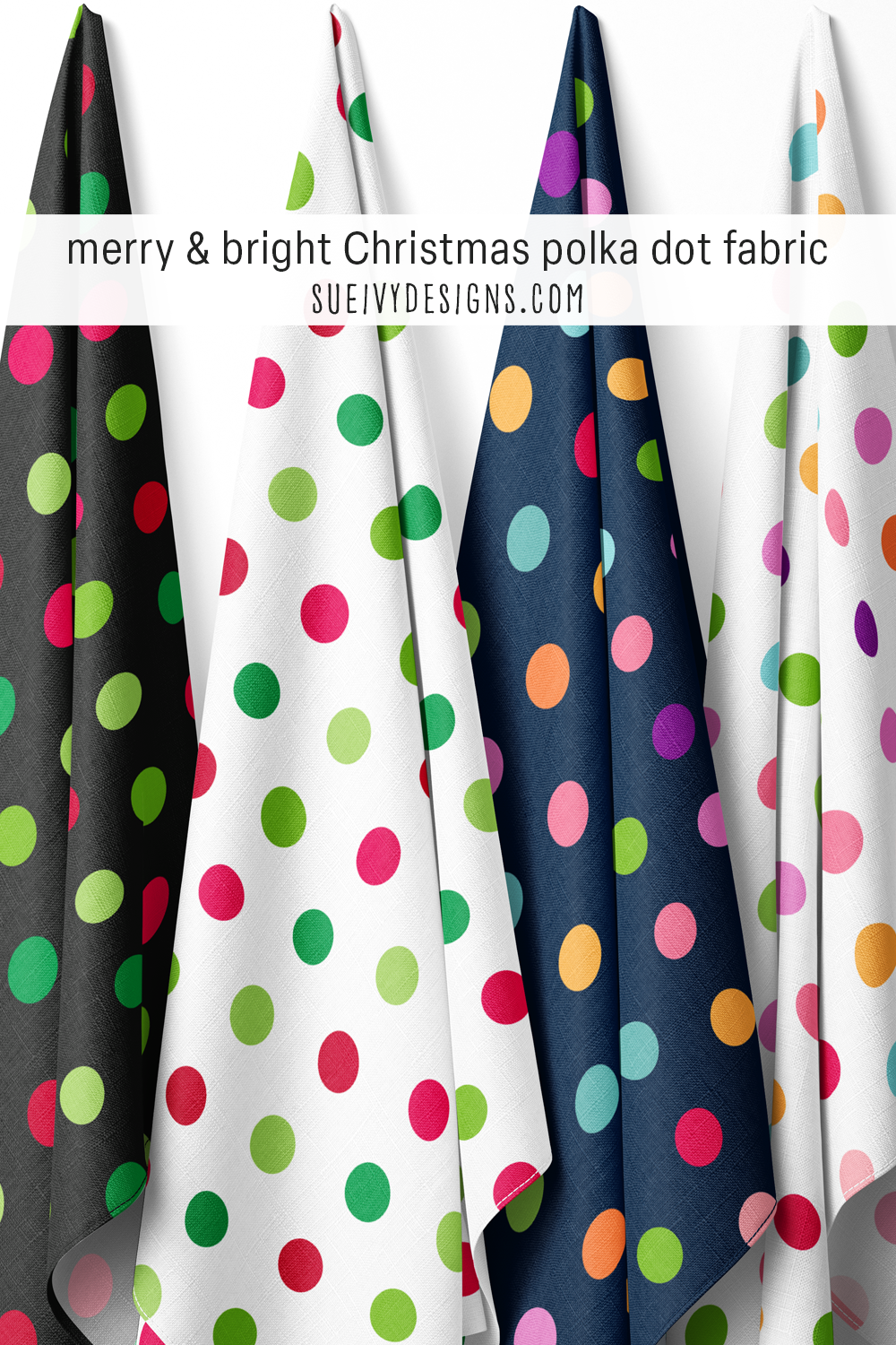 Medium dots as a holiday blender — the polka dot in rainbow and red and green on light and dark grounds, for quilting.
